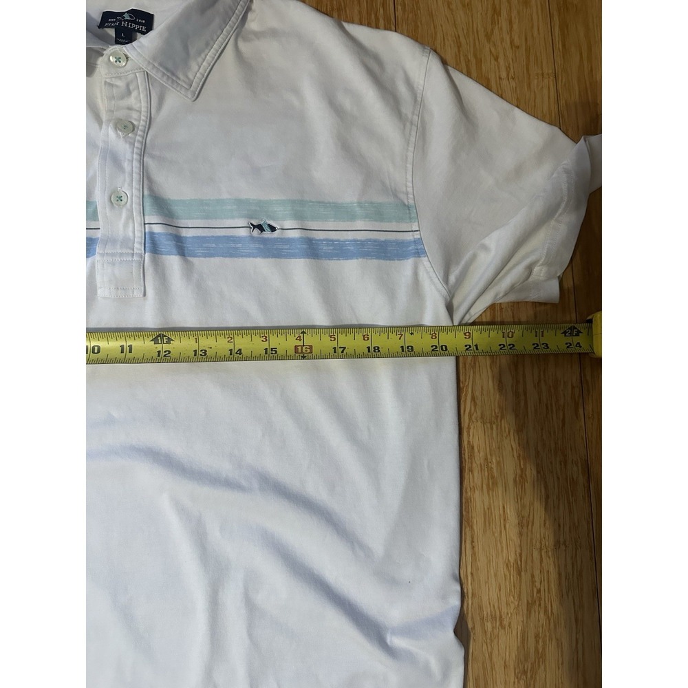Fish Hippie Polo Men's Large White Blue Stripe Short Sleeve Polo Shirt - Picture 5 of 6